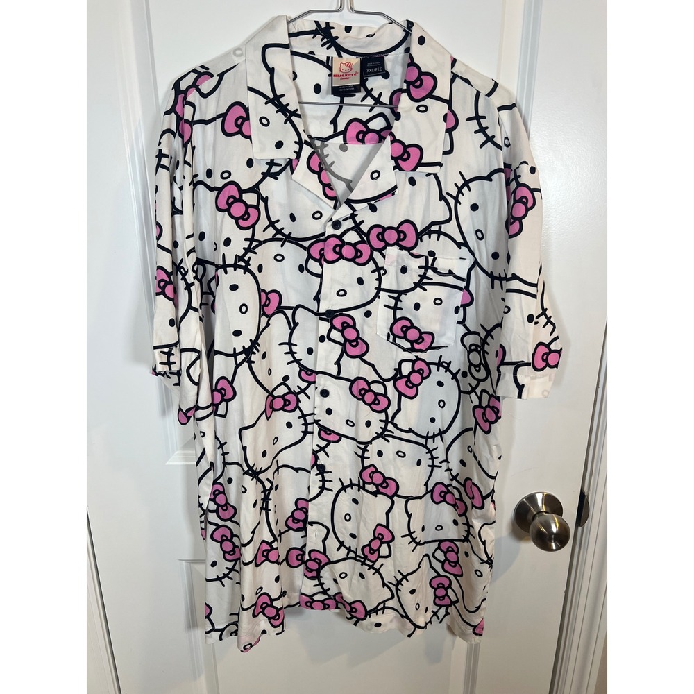 Hello Kitty Sanrio Mens Button Down Shirt All Over Print White Pink Size XXL
